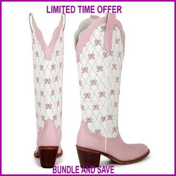 Knee High Cowgirl Boots with Mini Bows 2-Inch Heel Western Fashion - Picture 4 of 6